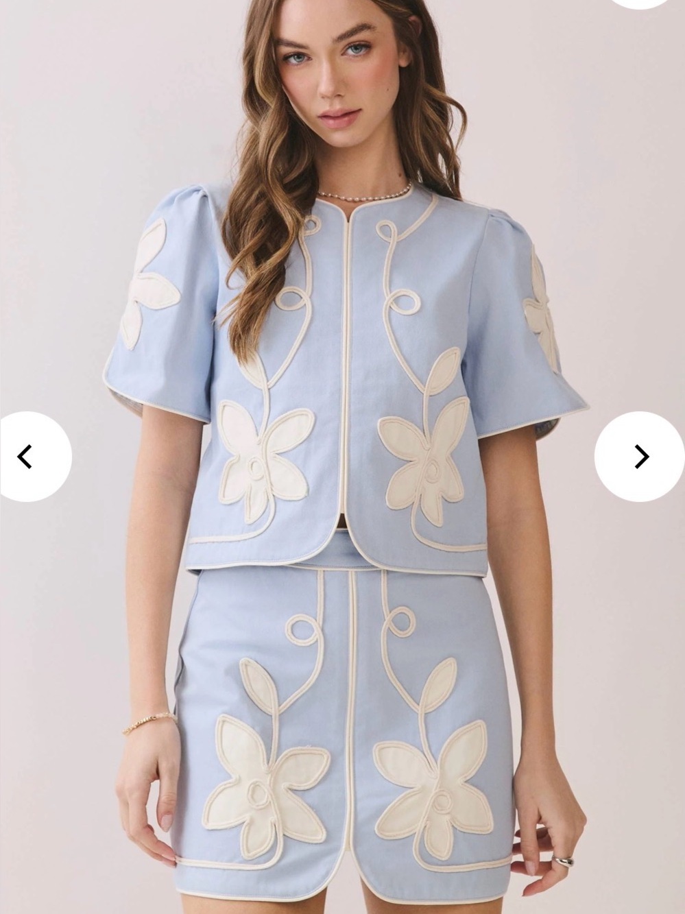 TCEC Light Blue Top and Skirt Matching Set with Cream Appliqué